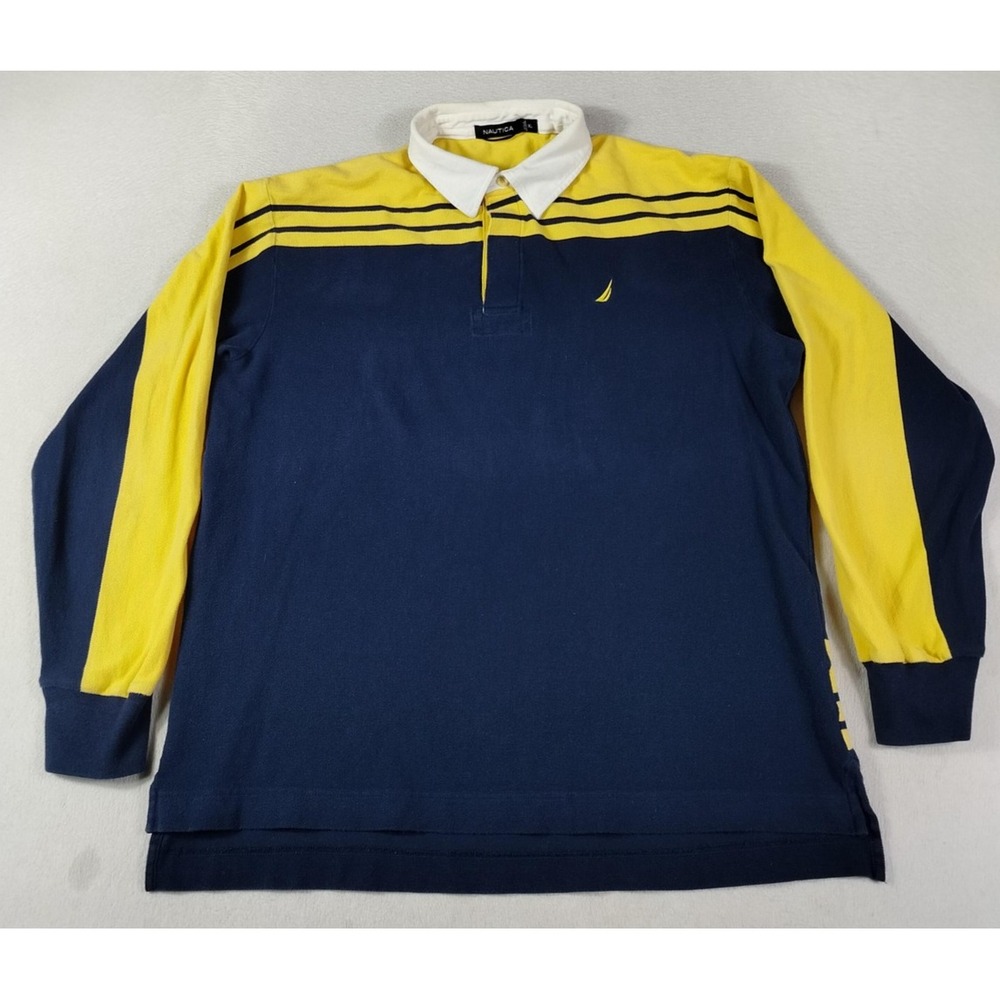 Nautica Rugby Polo Shirt Mens XL Blue Yellow Stripe Long Sleeve Preppy Old Money